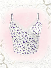 Floral Lace Trim Spaghetti Strap Crop Top V Neck Sleeveless Summer Casual
