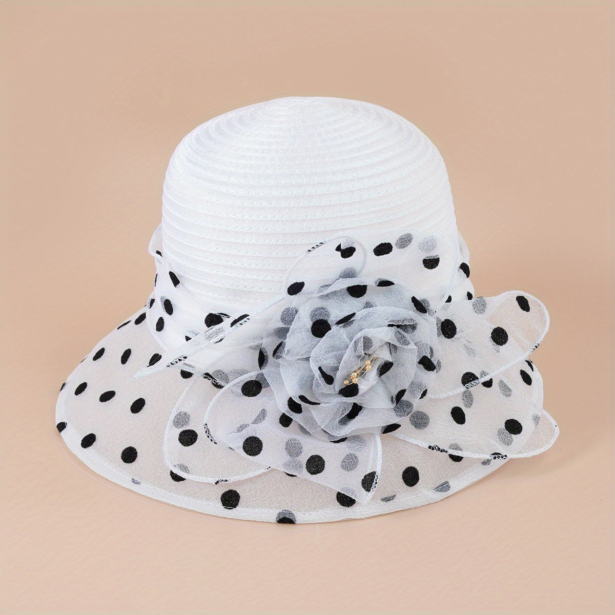 Polka Dot Organza Derby Hat French Mesh Flower Sun Hat Solid Church Hat