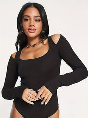 Solid Cut Out Long Sleeve Scoop Trim Bodysuit
