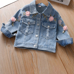 Girls' Flower Decor Denim Jacket Top