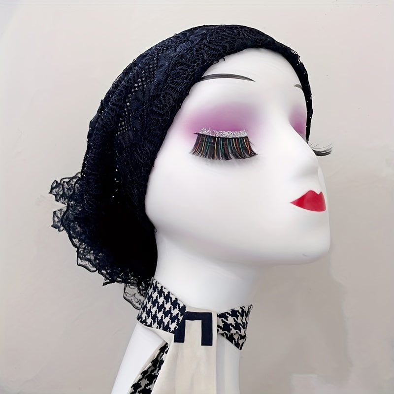 Lace Embroidery Mesh Turban Cap Women Head Wrap Elastic Beanie