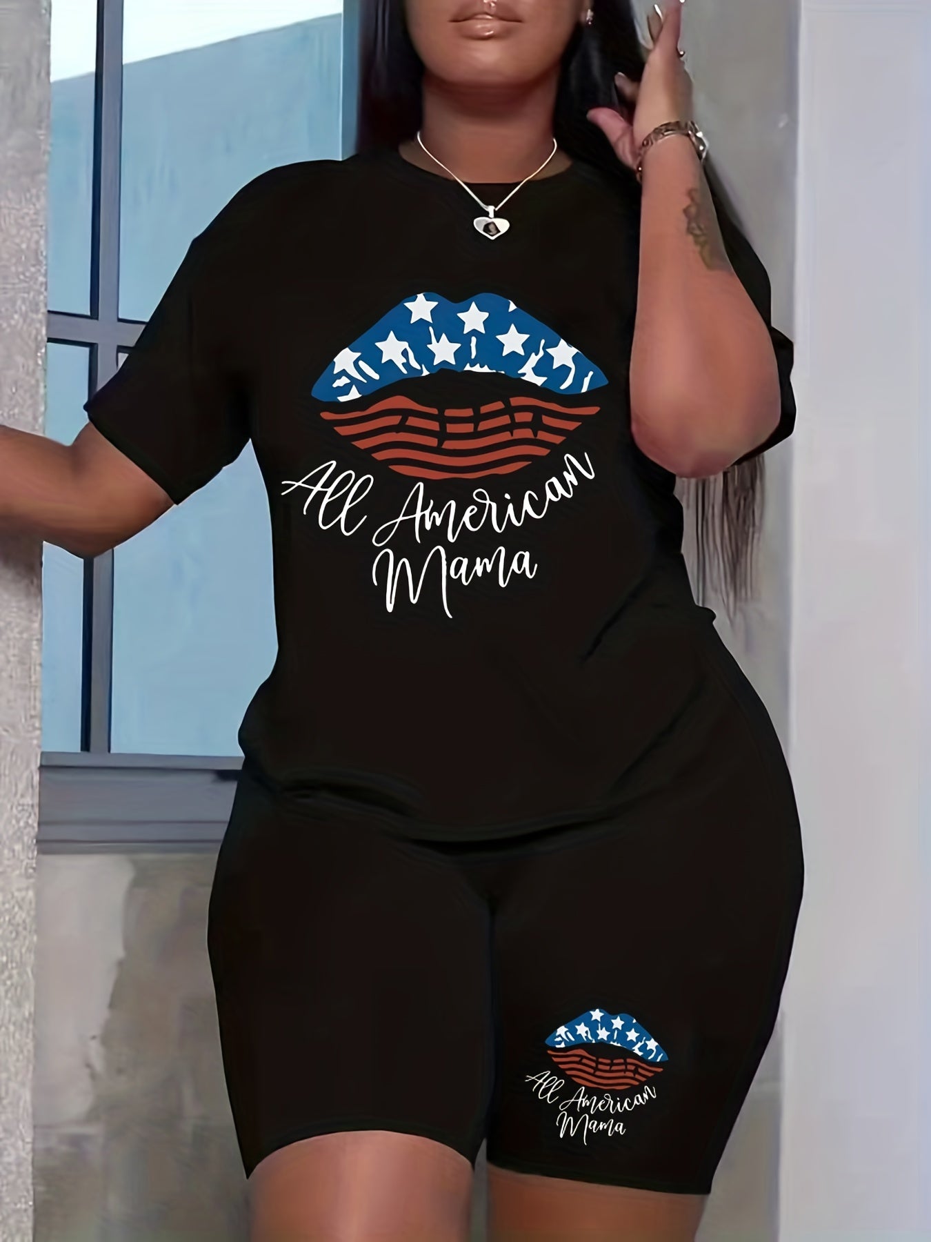 Women's Plus Flag & Lip Print Crew Neck Short Sleeve Top & Shorts Set