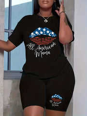 Women's Plus Flag & Lip Print Crew Neck Short Sleeve Top & Shorts Set