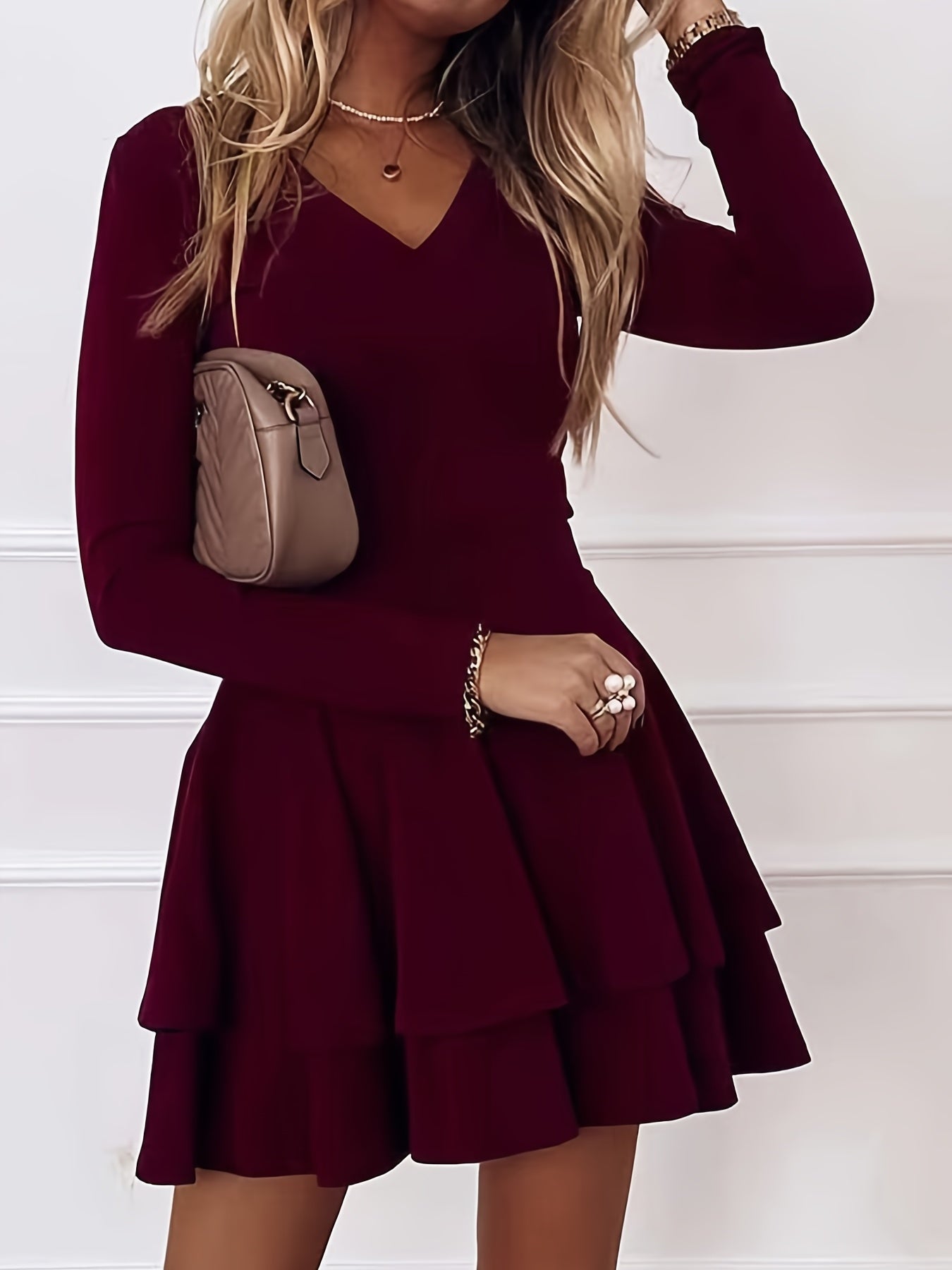 Solid Long Sleeve V Neck Layered Dress