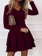Solid Long Sleeve V Neck Layered Dress