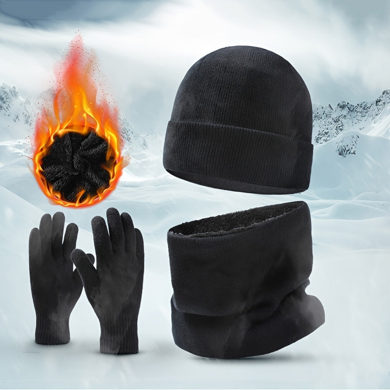 Men's Knitted Fleece Scarf Gloves Hat Set