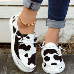 Cow Pattern Low Top Boat Shoes Lace Up Slip On Casual Canvas Shoes