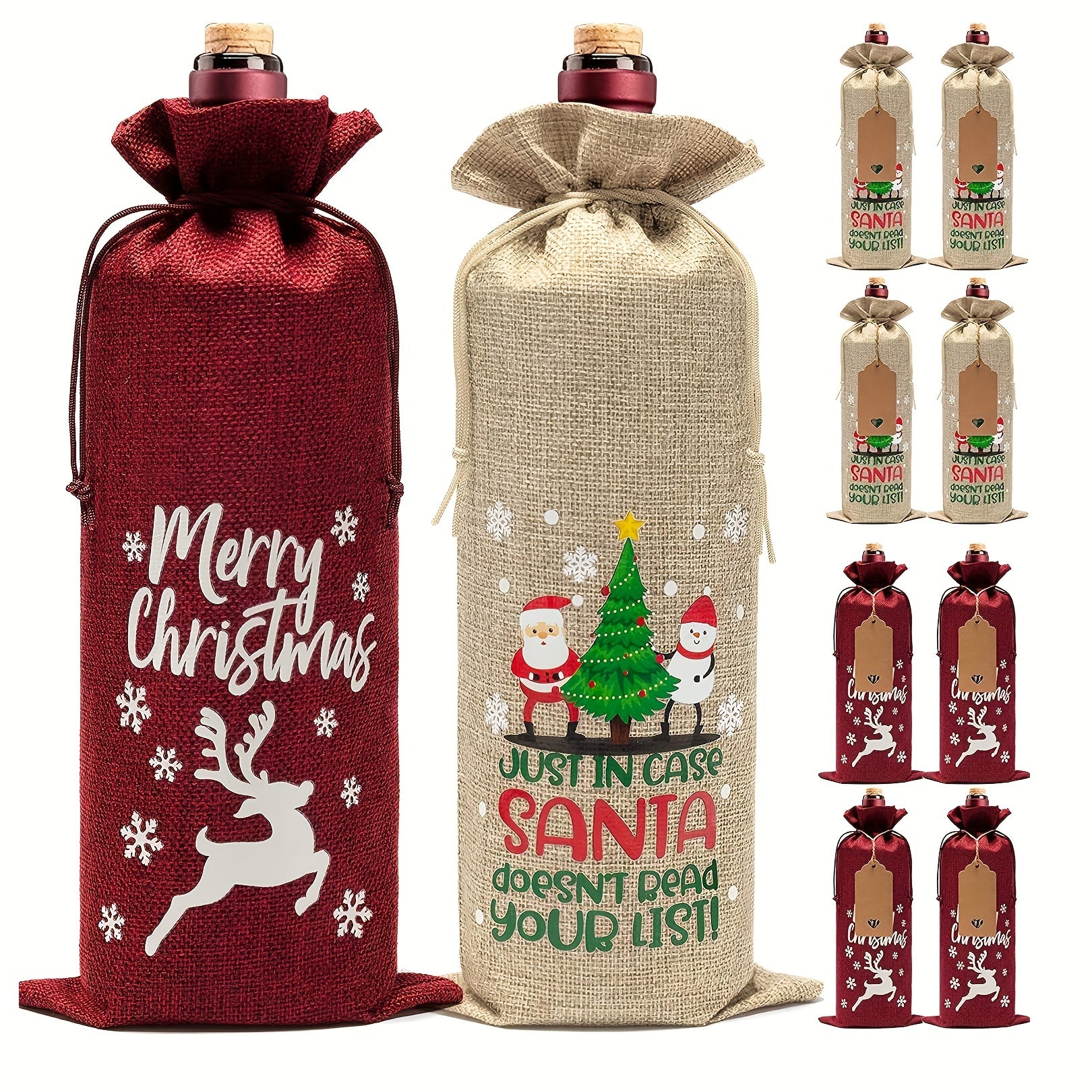 Christmas Linen Wine Bottle Bag Drawstring Wine Bottle Cover