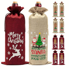 Christmas Linen Wine Bottle Bag Drawstring Wine Bottle Cover