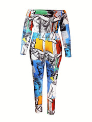 Sexy Jumpsuit Allover Print Off Shoulder Long Sleeve Stretch Jumpsuit