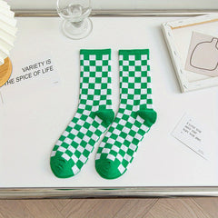 3 Pairs Checkerboard Crew Socks Casual Comfy Mid Tube Socks Women's Stockings