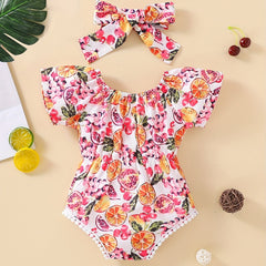 Baby Girls Fruit Graphic Flutter Sleeve Bodysuit With Furry Ball Decors