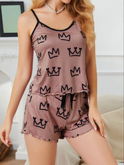Crown Print Pajama Set Cami Top & Shorts Sleepwear Women