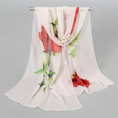 Rose & Floral Chiffon Scarf Lightweight Silk Neck Vintage Wrap