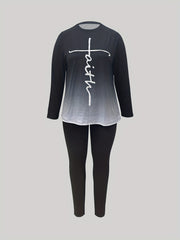 Women's Two Piece Set Letter & Ombre Print Long Sleeve Top & Leggings