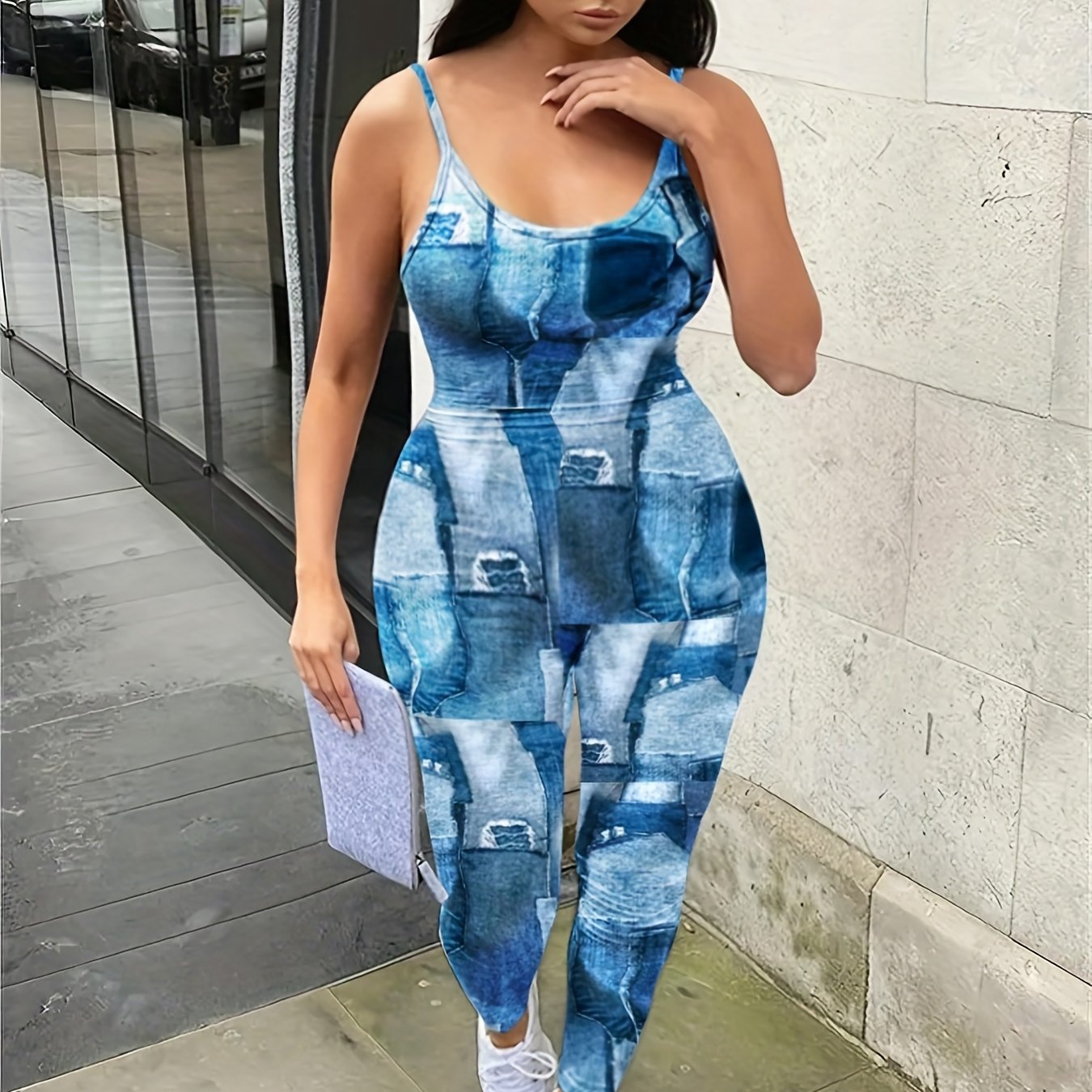 Sexy Denim Print Slim Fit Cami Jumpsuit