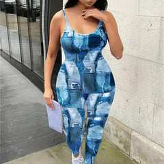 Sexy Denim Print Slim Fit Cami Jumpsuit