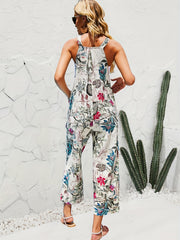 Floral Print Dual Pockets Overall Jumpsuit Casual Button Front Suspender Jumpsui