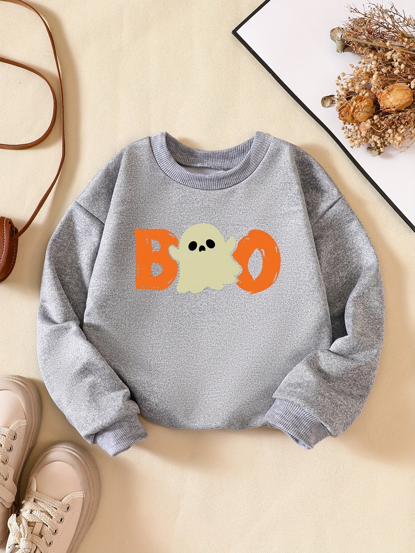Girls' Fun Ghost Print Sweatshirt - Casual Halloween Outfit