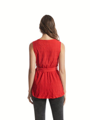 Texture Sleeveless Crew Neck Solid Blouse