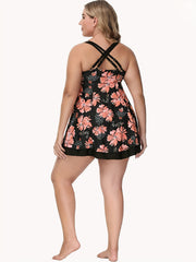 Boho Tankini Set Women's Plus Floral Print V Neck Crisscross Back Dres