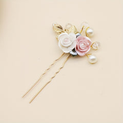 Ceramic Rose Faux Pearl Hairpin Golden Bridal Wedding Party Decor