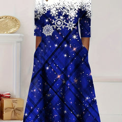 Christmas Dress Plaid & Snowflake Print Long Sleeve Round Neck Dress