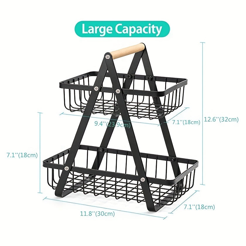 2 Tier Metal Storage Basket for Countertop with Wooden Handle