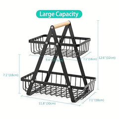 2 Tier Metal Storage Basket for Countertop with Wooden Handle