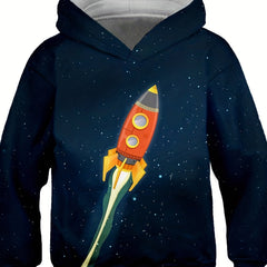Boy's Galaxy & Rocket Graphic Hoodie Stretch 3D Print Hooded Sweatshirt