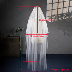 Vintage Double Layered Long Wedding Veil with Hand Embellished Sheer Bridal Veil