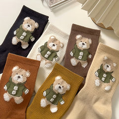5 Pairs Cartoon Bear Print Socks Women's Mid Tube Stockings