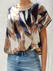 Leaf Print Round Neck Cap Sleeve Plus Size Casual Blouse
