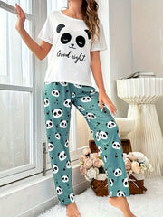 Panda Print Pajama Set Short Sleeve Top & Pants