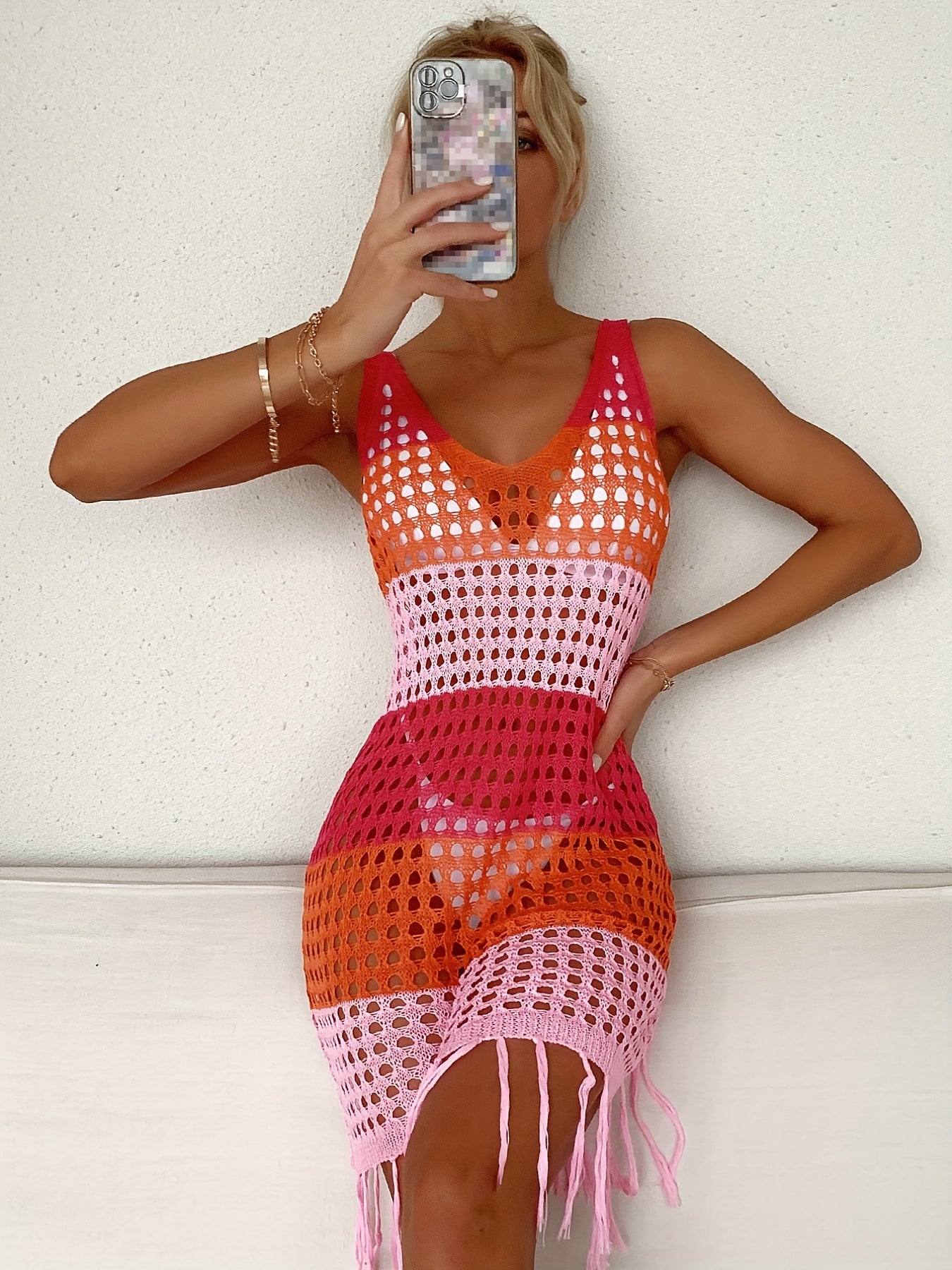 Hollow Out Dress Multicolor V Neck Crochet Cover Up
