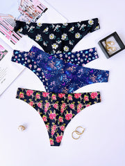 4pcs Floral Print Thongs Sexy Low Waist Intimates Panties