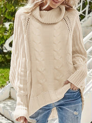 Casual Sweater Women's Plus Solid Cable Lantern Sleeve Turtle Neck Hol