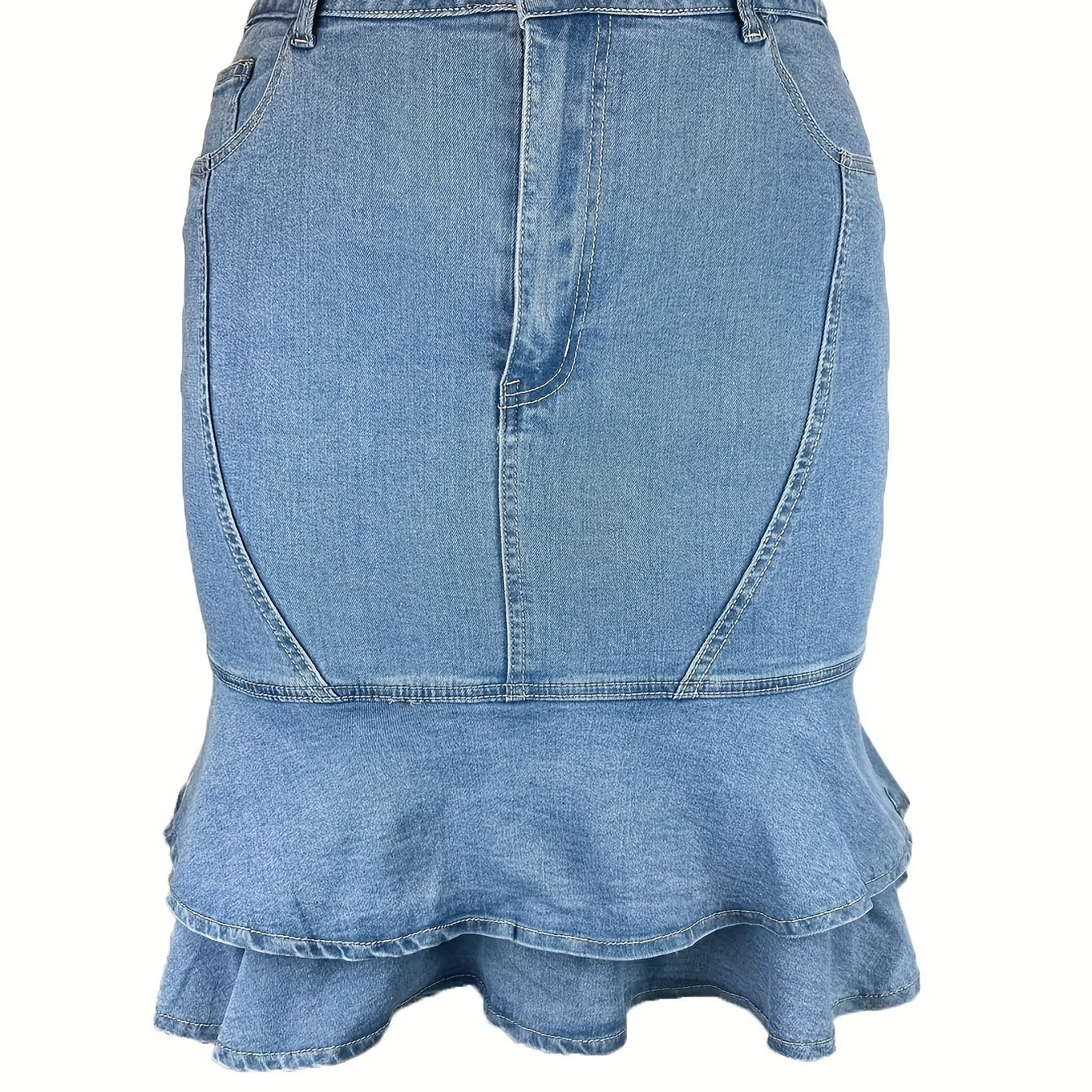 Casual Denim Skirt Button Fly Ruffle Trim High Rise Midi Denim Skirt