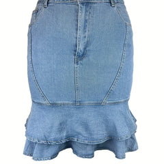 Casual Denim Skirt Button Fly Ruffle Trim High Rise Midi Denim Skirt