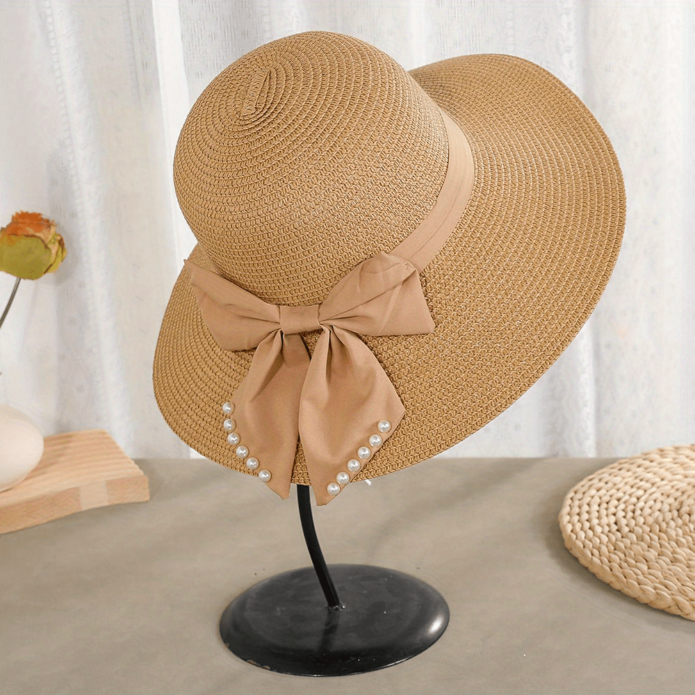 Faux Pearl Ribbon Bow Hat Wide Brim Straw Sun Hat