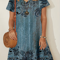 Floral Print Short Sleeve V Neck Dress