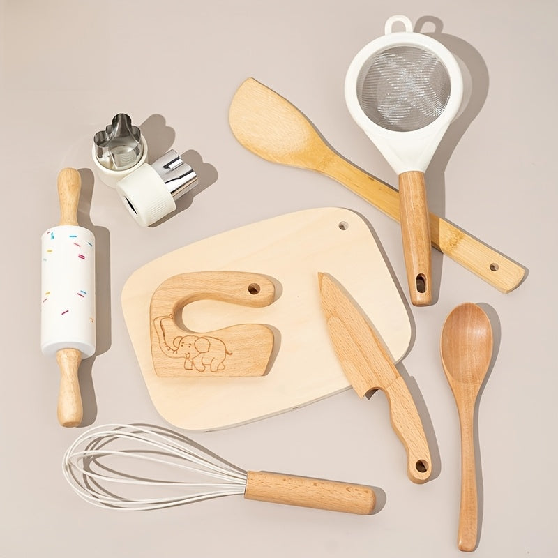 10pcs Wooden Kitchen Play Set with Chef Hat Knives and Play Food