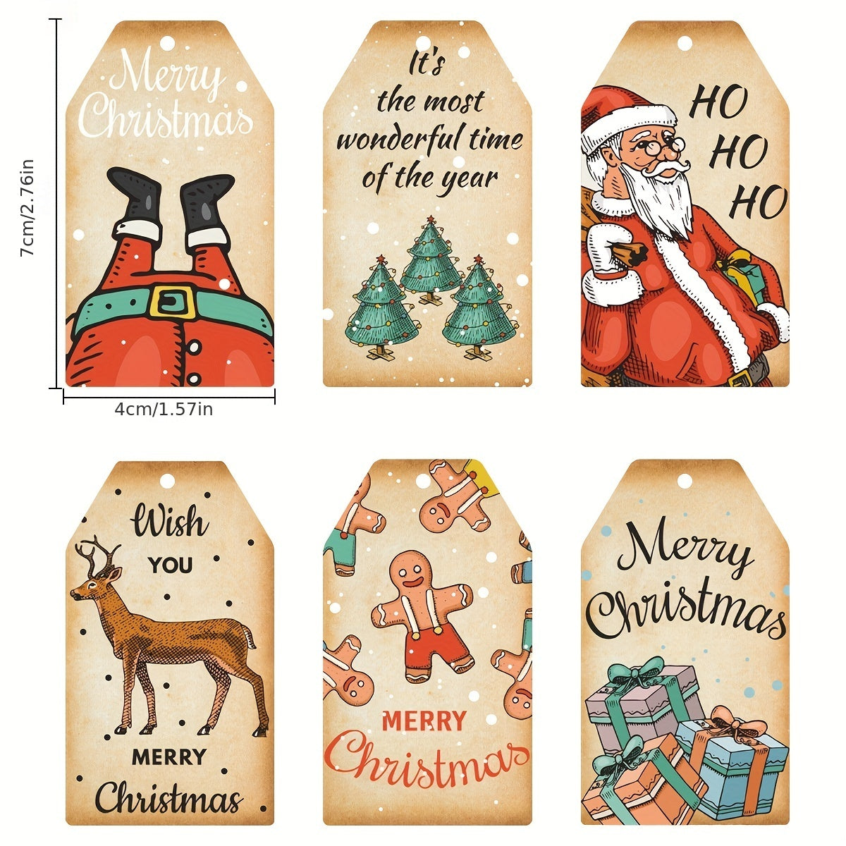 60pcs Christmas Bookmarks & Hanging Tags, 6 Styles, 10pcs Each, 60 Hemp Ropes