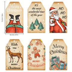 60pcs Christmas Bookmarks & Hanging Tags, 6 Styles, 10pcs Each, 60 Hemp Ropes