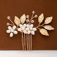 Golden Leaf Pearl Hair Pin Floral Wedding Hair Accessories