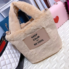 Mini Fuzzy Bucket Bag with Letter Patch - Winter Shoulder Crossbody Purse