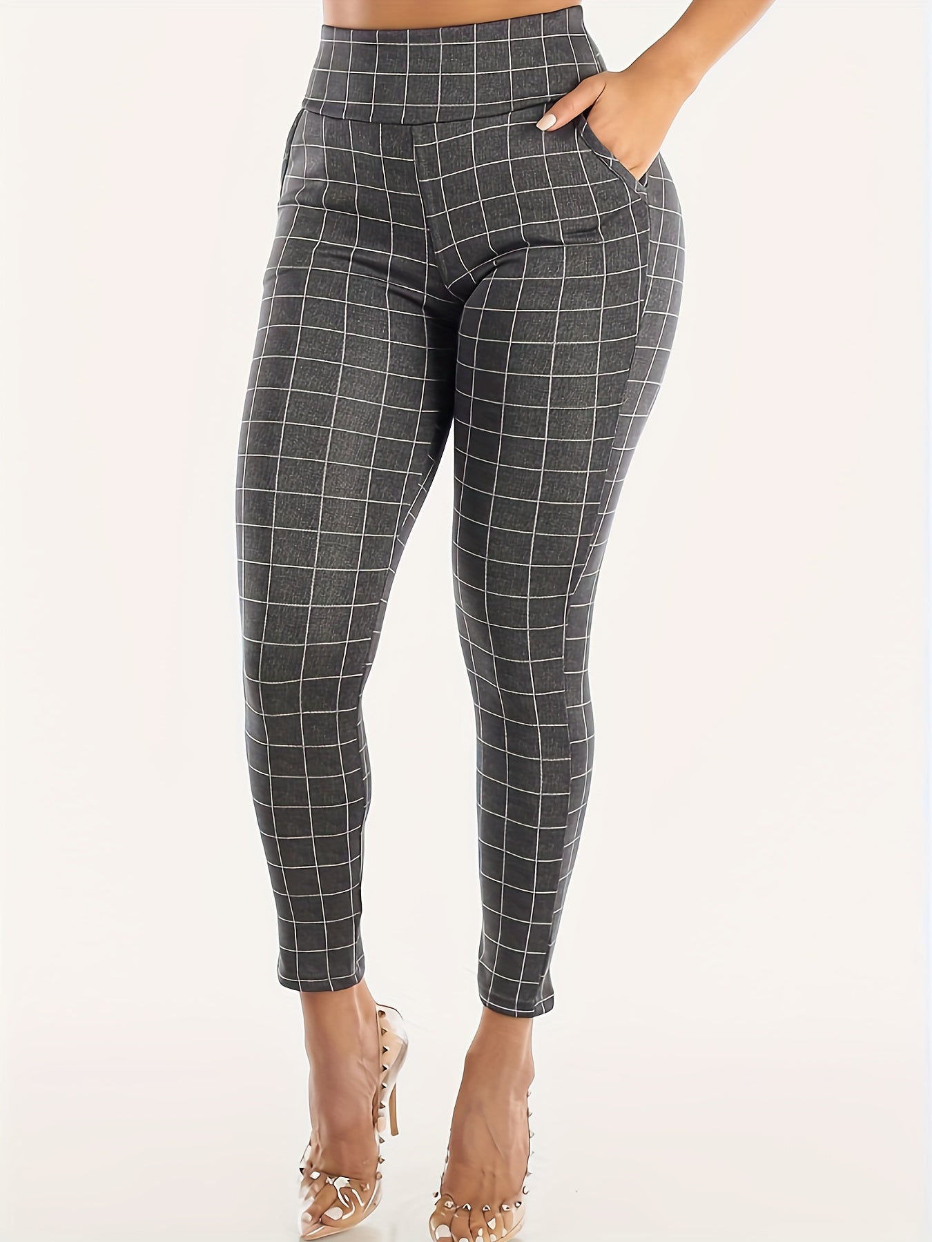 Grid Print Wideband Leggings with Pockets