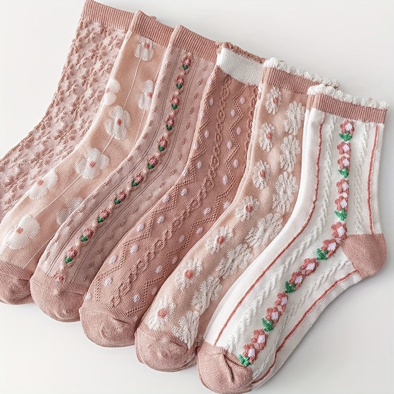 6 Pairs Floral Print Socks Sweet & Mid Tube Socks Women's Stockings