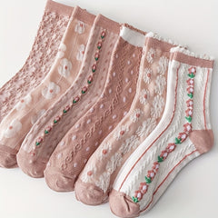 6 Pairs Floral Print Socks Sweet & Mid Tube Socks Women's Stockings
