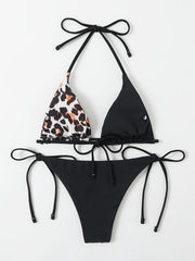 Leopard & Plain Triangle Halter Neck Two Piece Bikini Set